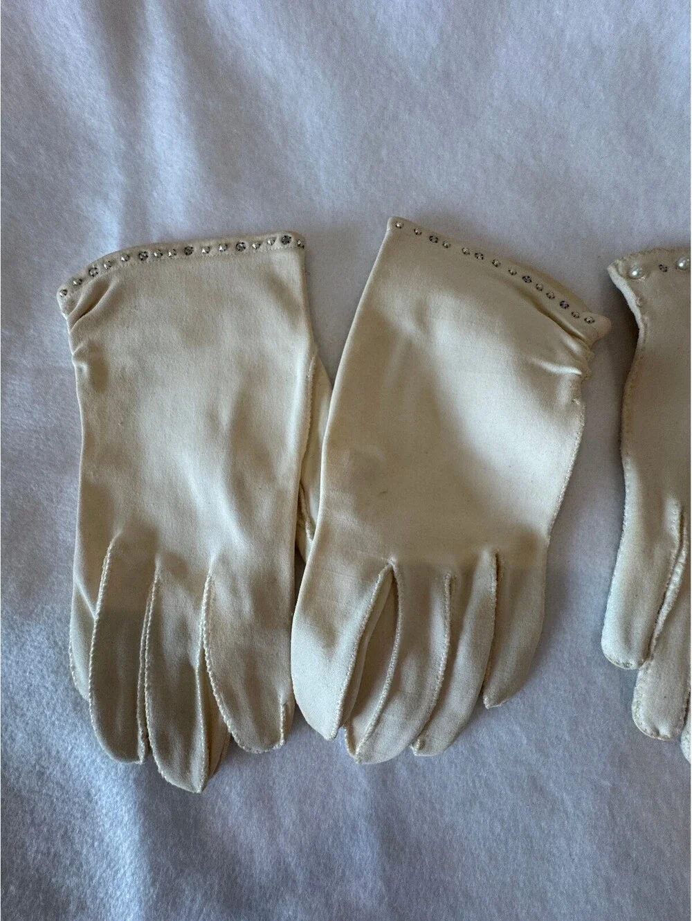 Vintage Ivory Nylon Gloves with Rhinestone and Lace Trim Group of 3